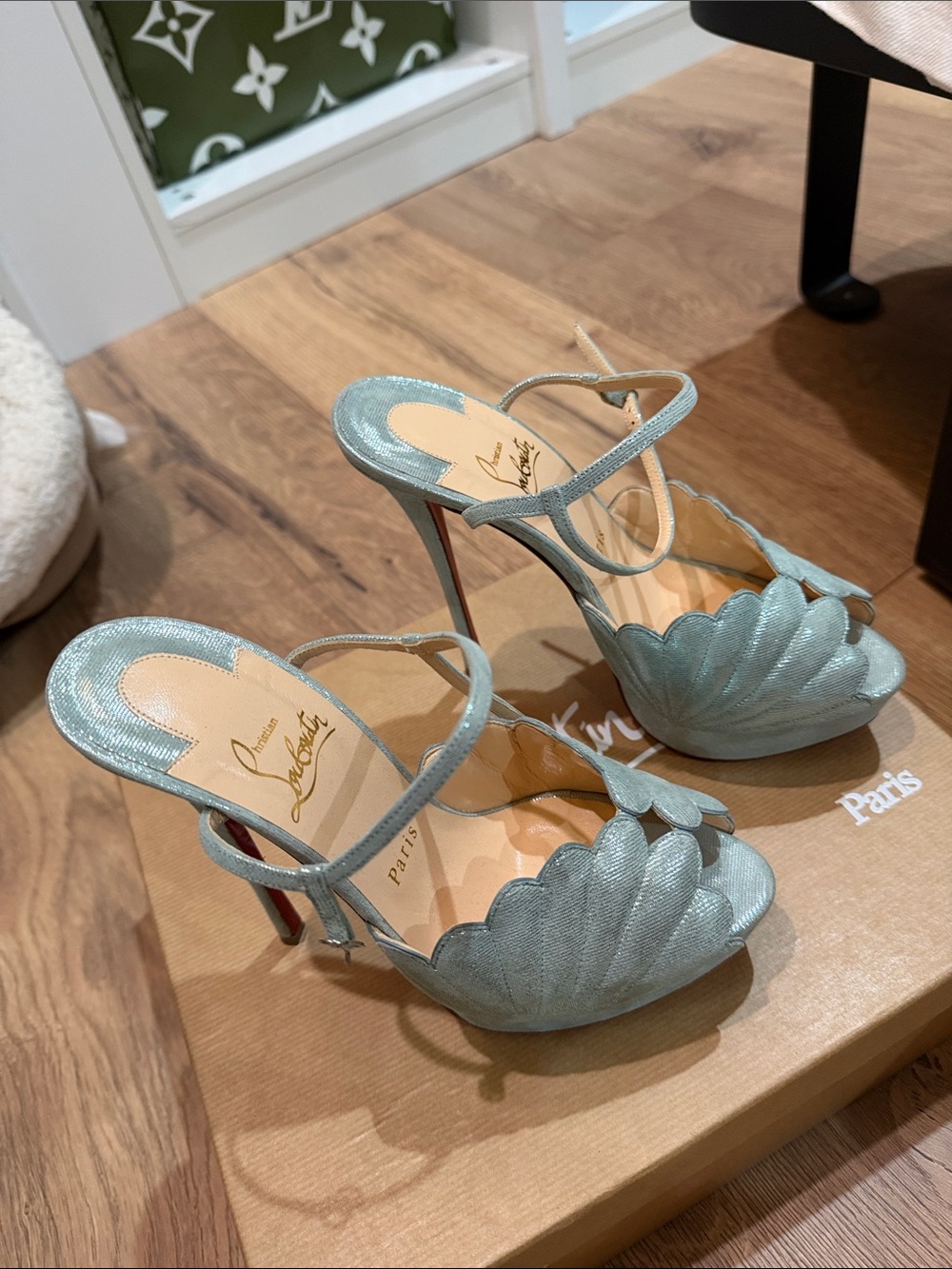 Christian Louboutin Pale Blue Metallic Scalloped Espadrille Sandals
